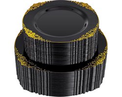 Set van 20 tweekleurige plastic borden in zwart en goud - Zwarte wegwerpborden - Stevige wegwerpborden met gouden rand - Geschikt voor een chique diner en dessert voor 10 gasten