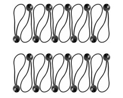 Set van 20 zware, zwarte bungeekoorden met rubberen ballen - verstelbare elastische stropdas-downs voor dekzeilen, tuinhuisjes en luifels - veilige tentriemen, partytententen, vlaggenhouders