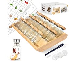 Set van 21 Kruidenpotjes – 120 ml, 2-in-1 Bamboe Rek, 120 Etiketten, Verticaal en Ladevriendelijk