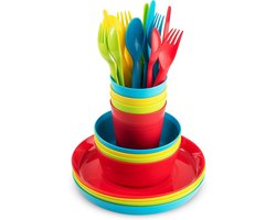 Set van 24 herbruikbare plastic servies, inclusief 4 kindvriendelijke borden, kommen, bekers en bestek voor snacks, fruit en salades