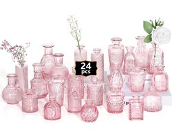 Set van 24 kleine glazen vazen, voor tafeldecoratie, bruiloft, receptie, thuis, vintage flessen, transparant, decoratieve glazen vazen ​​met deksels (24, roze-oranje)