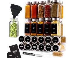 Set van 24 Kruidenpotjes - Met Schroefdeksel en Labels - Trechter en Schoonmaakborstel - Stift - Passen in Onze 4 Kruidenrekken - Lege Helder Glas Opberger & Strooier - 120ml - 105x43cm Kruidenpotjes