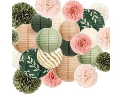 Set van 24 saliegroene tissue pompons en gouden hangende papieren lantaarns - perfect voor babyshowers, bruiloften, vrijgezellenfeesten, verjaardagen en meer