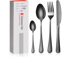 Set van 24 zwarte besteksets voor 6 personen, zwart mat roestvrij staal, tafelbestek, camping, eetlepelset, hoogwaardige bestekset, roestvrij, krasbestendig, lepel, gif, voor huis, keuken, feest, hotel, zwart