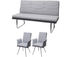 Set van 2x eetkamerstoel + bankje MCW-G54, bankje keukenstoel met armleuning, stof/kunstleer roestvrij staal ~ grijs bankje 160cm