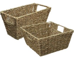 Set van 2x gevlochten opbergmanden zeegras - Kast-/badkamer mandjes verschillende formaten