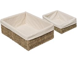 Set van 2x gevlochten opbergmanden zeegras met katoenen hoes - Kast-/badkamer mandjes verschillende formaten