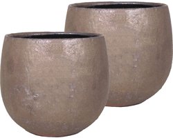 Set van 2x stuks bloempot/plantenpot schaal van keramiek in een glanzend brons kleur met diameter 14/11.5 cm en hoogte 10.5 cm - Binnen gebruik