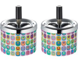 Set van 2x stuks draaiasbakken met retro print en zilveren deksel - asbakken binnen en buiten