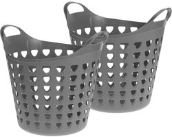 Set van 2x stuks flexibele wasmanden rond grijs 26 liter - Grijze kunststof mand voor wasgoed