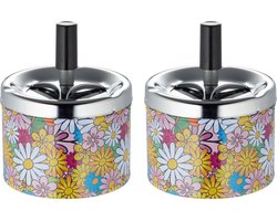 Set van 2x stuks gebloemde draaiasbakken met zilveren deksel - asbakken