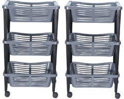 Set van 2x stuks kunststof keuken/badkamer trolleys met manden 40 x 30 x 60 cm zilver/grijsï¿½- Manden rekje met 3 mandjes