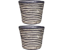 Set van 2x stuks naturel zwart rotan planten/bloemen pot mand van gedraaid jute/riet/zeegras H16 en D19 cm - plastic binnenkant