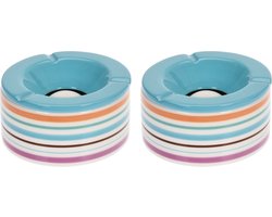 Set van 2x stuks terras asbakken/stormasbakken rond keramiek 14 x 7,5 cm blauw met streep - Buiten asbakken