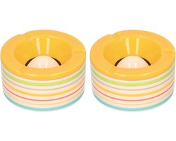 Set van 2x stuks terras asbakken/stormasbakken rond keramiek 14 x 7,5 cm geel met streep - Buiten asbakken