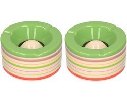 Set van 2x stuks terras asbakken/stormasbakken rond keramiek 14 x 7,5 cm groen met streep - Buiten asbakken