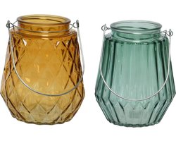 Set van 2x stuks theelichthouders/waxinelichthouders ruit/streep glas cognac/oranje en zeegroen met metalen handvat 11 x 13 cm