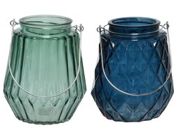 Set van 2x stuks theelichthouders/waxinelichthouders ruit/streep glas zeegroen en donkerblauw met metalen handvat 11 x 13 cm