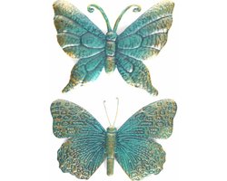 Set van 2x stuks tuindecoratie muur/wand vlinders van metaal turquoise/goud 22 en 31 cm