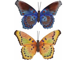 Set van 2x stuks tuindecoratie muur/wand/schutting vlinders van metaal van 35 x 24 cm - In de kleuren geel/paars en bruin/blauw