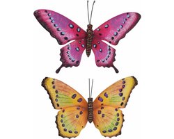 Set van 2x stuks tuindecoratie muur/wand/schutting vlinders van metaal van 35 x 24 cm - In de kleuren geel/paars en roze tinten