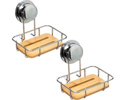 Set van 2x stuks zeepbakje/zeephouder bamboe hout met zuignap - Toilet/badkamer rekjes