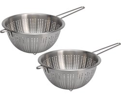 Set van 2x stuks zilveren RVS vergieten/zeven met handvat / steel 24 x 13 cm - keukenzeef - keukenvergiet