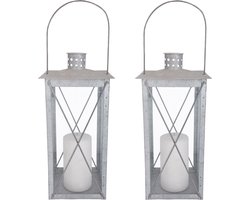 Set van 2x stuks zilveren tuinlantaarn/windlicht van zink 17,2 x 17,2 x 36,5 cm - Tuinverlichting - Kaarsenhouders