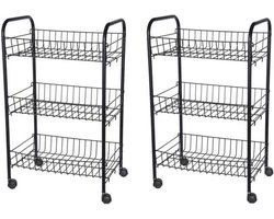 Set van 2x stuks zwarte keuken trolleys met manden op wielen 0 x 26 x 62 cm - Keukentrolleys - Keuken/badkamer rekje van metaal