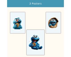Set van 3 A3 Posters – Cookie Monster Wall Art – Kinderkamer Decoratie – Vrolijke Posters met Koekiemonster – Speelse Muurdecoratie
