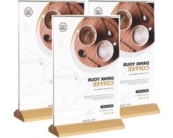 Set van 3 A5 Acryl Schildhouders T-Vormig Duidelijk Dubbelzijdig Frame met Houten Basis voor Menu- en Flyerdisplay op Tafel