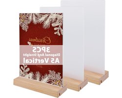 Set van 3 A5 Acryl Tafelstands, Dubbelzijdige Advertentiehouder met Houten Basis voor Menu's, Brochures en Informatie