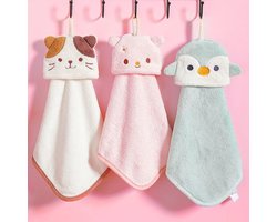 Set van 3 absorberende handdoeken- en schattige dierenmotieven voor keuken en badkamer-decoratieve handdoek-microvezel koraal fluweel schattige handdoek