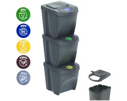Set van 3 afvalemmers voor afvalscheiding - 25 liter per bak - stapelbaar systeem - grijs