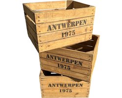 Set van 3 authentieke gebruikte houten fruitkisten met “Antwerpen 1975” opdruk. Ideaal voor decoratie, opslag of meubels. Uniek karakter en veelzijdig te gebruiken binnen en buiten.