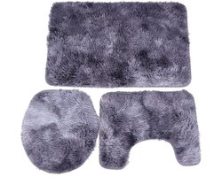 Set van 3 Badkamer Tapijten met Toiletbrilmat, Wasbare Shag Rug en Antislip Toiletmat in Paars