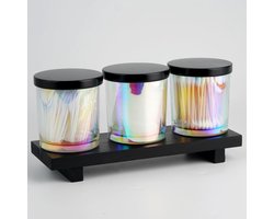 Set van 3 Badkamerhouders met Deksel op Houten Dienblad - Apothekerspotjes voor Wattenstaafjes & Meer