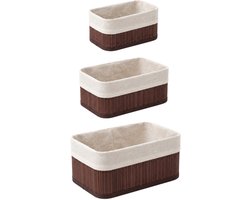 Set van 3 bamboe manden met stoffen inzet, 30 x 20 x 13 cm