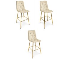 Set van 3 barkrukken LIBRA - Lichtbeige fluweel - Gouden metalen poten - Modern design