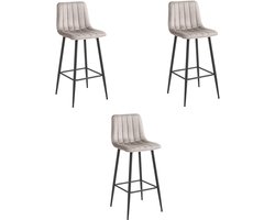 Set van 3 barkrukken POZZA - Donkerbeige Fluweel - Zwarte Metalen Poten - Moderne Barkruk met Rugleuning