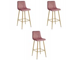 Set van 3 barkrukken POZZA - Donkerroze fluweel - Eikenlook metalen poten - Modern design