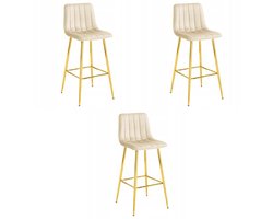 Set van 3 Barkrukken POZZA - Licht Beige Fluweel - Gouden Metalen Poten - Moderne Barkruk met Rugleuning