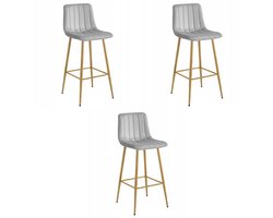Set van 3 Barkrukken POZZA - Lichtgrijs Fluweel - Eikenlook Metalen Poten - Moderne Barkruk met Rugleuning