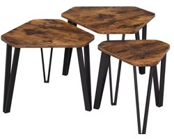 Set van 3 Bijzettafels Nesting - Industrieel Design - Waterdicht - Salontafel Hout Bruin & Zwart Metalen Poten - Driehoekig & Zeshoekig - Modern Stapelbaar