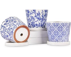 Set van 3 Blauwe en Witte Porseleinen 14cm Plantenpotten met Afvoergaten en Schotels voor Binnen - Decoratieve Bloempotten voor Vetplanten en Cactussen in de Tuin