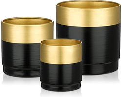 Set van 3 bloempotten gemaakt van gegalvaniseerd staal voor moderne decoratie | Decoratieve zinken potten voor binnen en buiten | Goud-zwart | Geschikt voor planten
