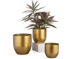 Set van 3 bloempotten van gegalvaniseerd staal voor moderne decoratie, binnen- en buitengebruik, 16.5 cm / 13.5 cm / 12 cm, goudkleurig, trendy plantenbakken, duurzame tuinaccessoires, stijlvolle potten