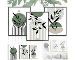 Set van 3 Boho Aesthetic Posters met Groene Plantenbladeren, Abstracte Geometrische Wanddecoratie, Minimalistische Muurkunst 30x40cm Zonder Lijst