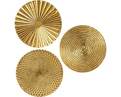 Set van 3 boho gouden wandsculpturen, ronde wanddecoratie, metaal, wandversiering, decoraties, 3D-metalen afbeeldingen, modern kunstwerk voor huis, woonkamer, eetkamer, slaapkamer, keuken, gang, 30 x