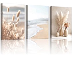 Set van 3 Boho Pampas Gras Canvas Wanddecoraties Ingelijste Foto's Minimalistisch Kuststrand Schilderij voor Woonkamer Slaapkamer 40x60cm